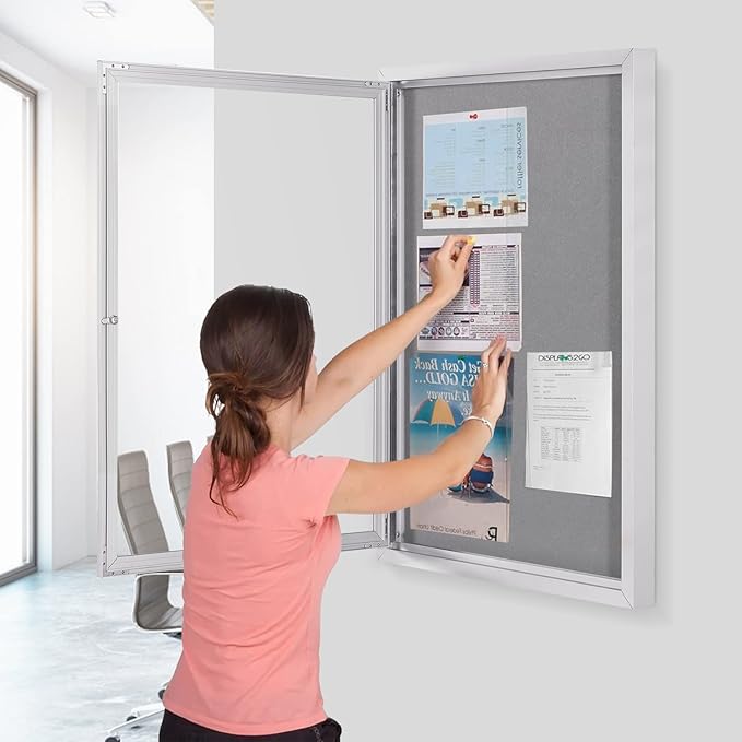SWANCROWN Outdoor Lockable Gray Fabric Bulletin Board Shatter Resistant Display Cases Wall Mount Message Board with Swing Door,36x24 inches