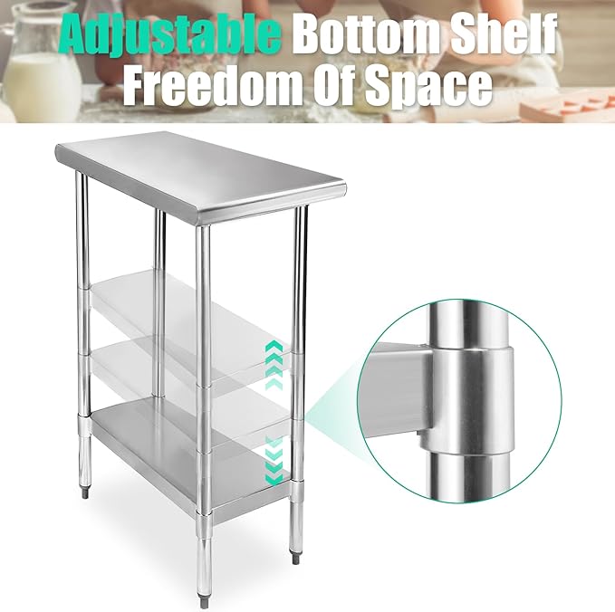STABLEINK NSF Stainless Steel Table, 30 x 12 Inches Metal Prep & Work Table with Adjustable Undershelf, for Commercial Kitchen, Restaurant, Hotel and Garage，Small Stainless Steel Table