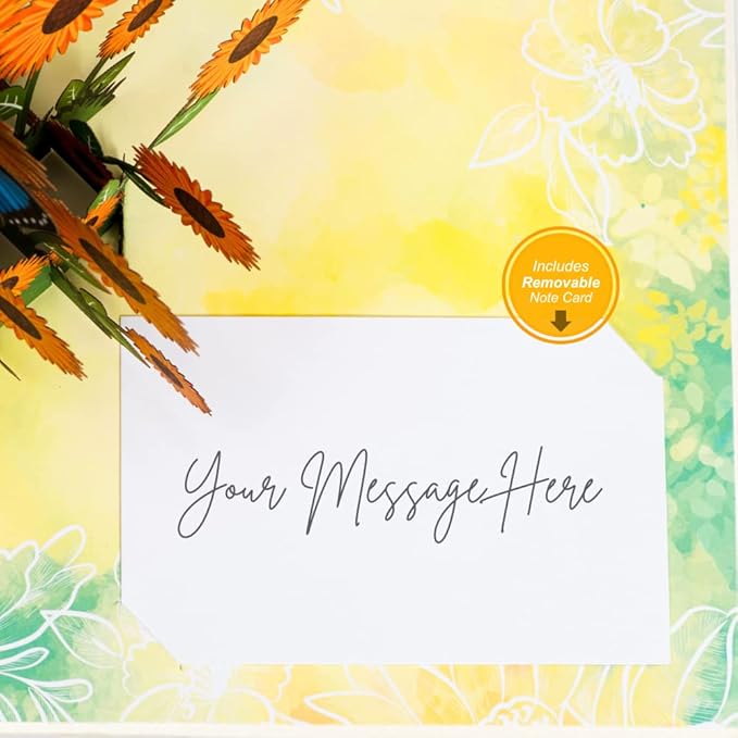 Paper Love 3D Sunflowers Pop Up Card, For Fall, Birthday, Thanksgiving, Thinking of You, Sympathy, All Occasion - 5" x 7" Cover - Includes Envelope and Removable Note Tag