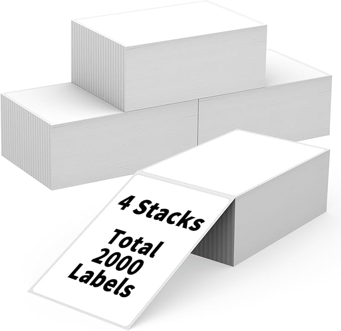 4 Stacks Fanfold 4" x 6" Direct Thermal Labels, Tacnology 2000 Labels White Perforated Shipping Labels, Permanent-Adhesive Mailing Address Paper Compatible with Zebra, Rollo, MUNBYN,500 Labels/Stack
