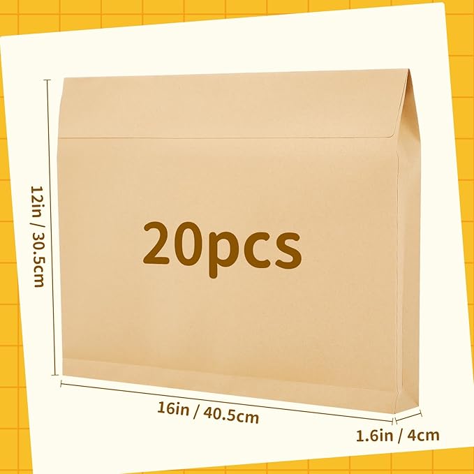 20 Pcs 12 x 16 x 1.6 Inch Large Expandable Catalog Envelopes Manilla Kraft Peel and Seal Envelopes Light Brown Large Mailing for Office Home Documents Magazines Photos Storage Organizing
