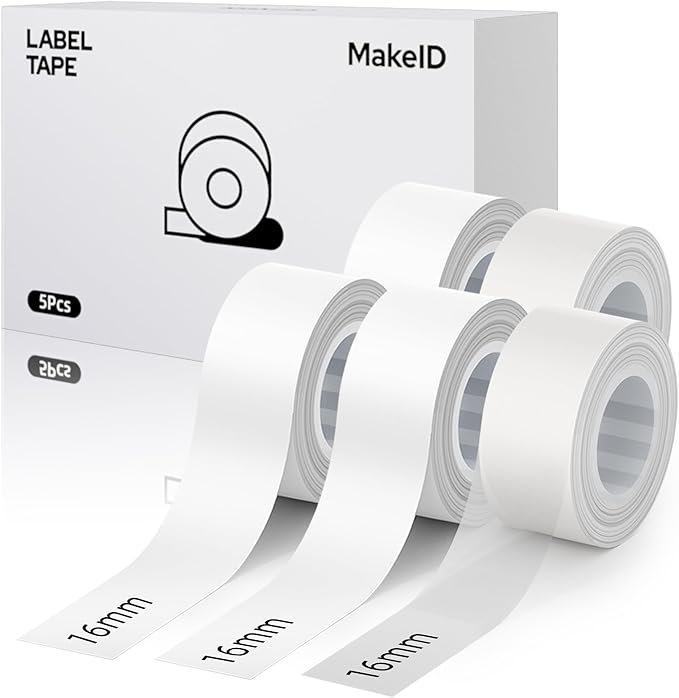 MakeID L1 E1 Q1 Label Maker Tape Refills, 5-Roll 16mm x 4m (0.63" x 13') Continuous Consumables Thermal Laminated Office Labeling Tape Replacement