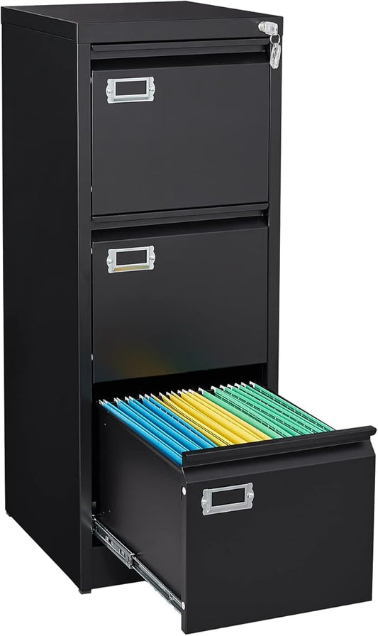3-Drawer File Cabinet, Locking Metal Vertical File Storage for Home Office, Black, 15" W x 17.7" D x 38.6" H