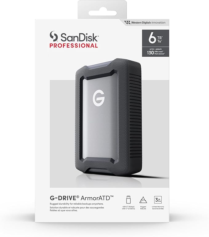 SanDisk Professional 6TB G-Drive ArmorATD - Rugged, Durable Portable External Hard Drive HDD, USB-C, USB 3.2 Gen 1 - SDPHE1G-006T-GBAND