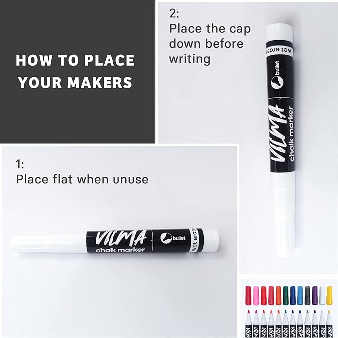 VILMA Liquid Chalk Markers Window Marker for Cars Glass pens Wet Erase Marker Washable Blackboard Pen for Car Window, Mirrors,Signs,Crafts, 2MM Tip 12 Pack,12 Colors