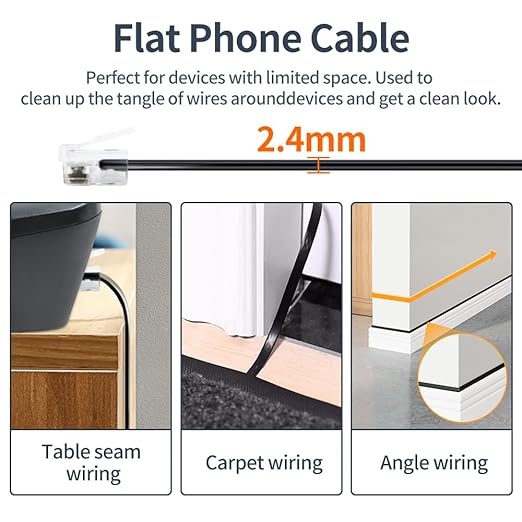 Phone Cable 1 Foot Short Telephone Line Cord with RJ11 6P4C Connectors for Landline Phone, Fax Machine and Modem, for Both in-Wall and Out-Wall Using, Black, 2 Pack, AV04601