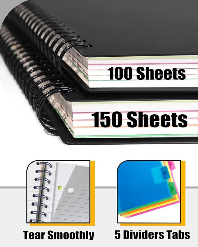 Spiral Notebook - 5 Subject Notebook, College Ruled Notebook With Dividers Pocket, Tabs Label, 11"Ruler, 300 Pages, for Writing Journal, Home & Office, School Supplies, 8.5''x11''Black 150sheets