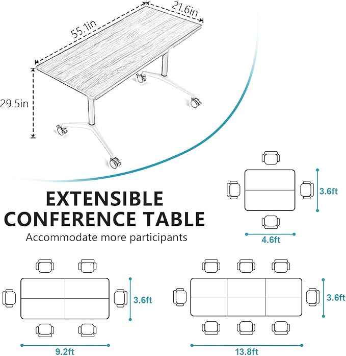 Conference Room Table, Folding Conference Tables,Thicken Grey Tabletop,Flip Top Wooden Seminar Meeting Room Table for Conference Room Offices (4, Black+White, 55.1”)
