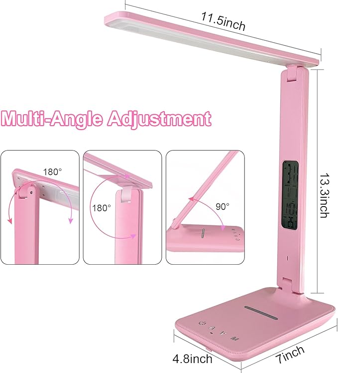 Desk Lamp with Wireless Charger, USB Charging Port, Dimmable Office Desk Light with Clock, Alarm, Date, Temperature, Foldable Lamp for Table Bedroom Bedside Office (Pink)