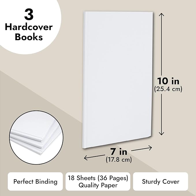 3 Pack 7x10 inch White Blank Hardcover Books for Kids to Write Stories, Unlined Scrapbook and Journal - 18 Sheets/36 Pages Each