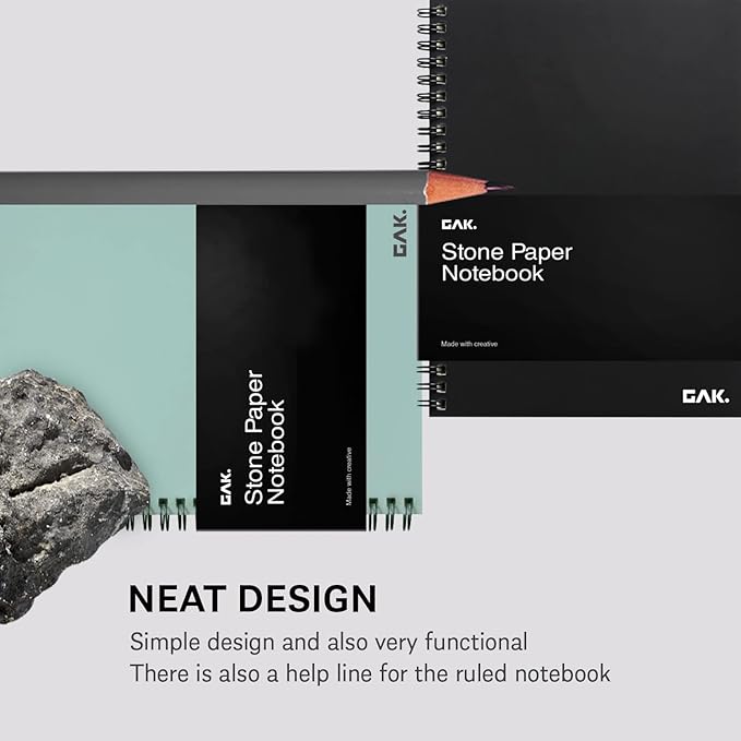GAK. Stone Paper Notebook | No Lines Spiral Notebook Waterproof Sheet Aesthetic Journal for Note Taking | Notebooks for Work & Aesthetic School Supplies | Medium Size, Black (5.8”x8.3”, 50 sheets)