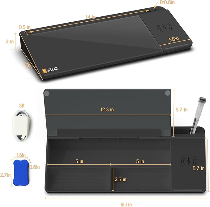 SELEAD Desktop Glass Whiteboard with Wireless Charger Station, Dry Erase Board Computer Pad Keyboard Stand with Organizer for Home, School, Office Desk Accessories, Black