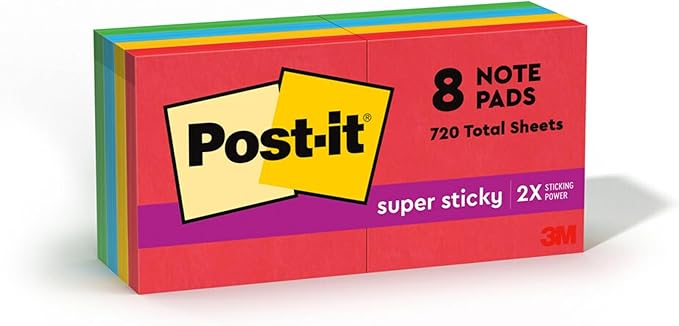 Post-it Super Sticky Notes, 8 Sticky Note Pads, 1.875 x 1.875 in., Back to School Supplies for Students, Ideal for Textbooks, Notebooks, and Vertical Surfaces, Playful Primaries Collection