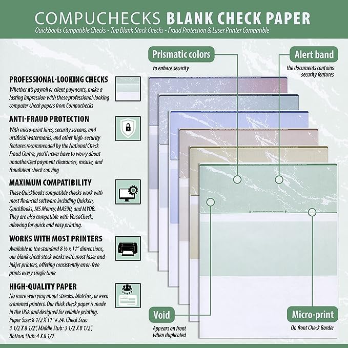 Compuchecks Gold Diamond Blank Check Paper - 500 Pack, 8.5 x 11 Inches, Laser & Inkjet Compatible, Security Business Checks with Voucher