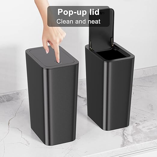 N. NETDOT Bathroom Trash Can with Lid 3 Pack Set, 2 Packs 4 Gal Slim Kitchen Trash Can and 1 Pack 2.6Gal Garbage Can, Small Trash Can/Trash Bin/Waste Basket for Bedroom (Black, Pack of 3)