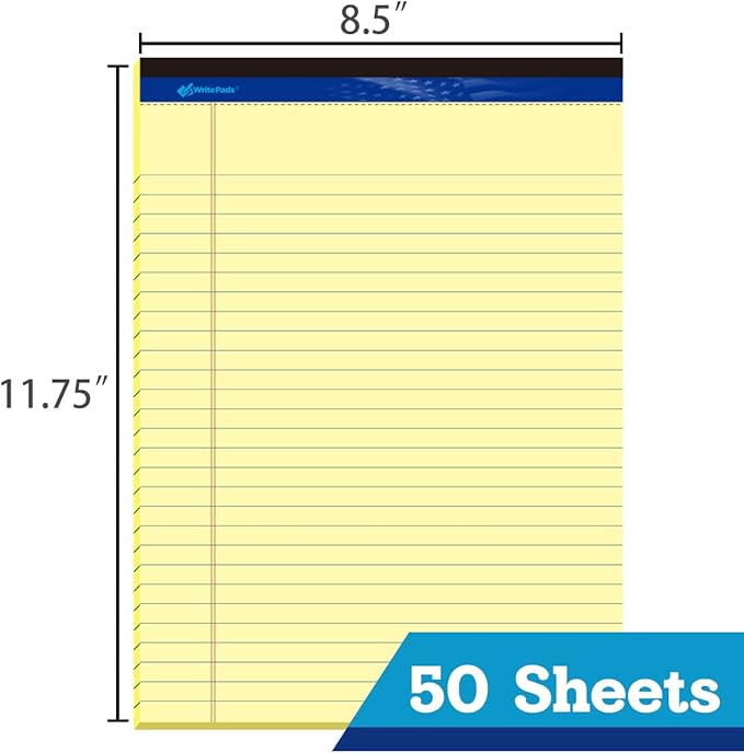 8.5"x11" Legal Pads,Wide Ruled,Canary Paper,12 Pack,50 Sheets Per Writing Pad,Micro perforated Writing Pad,BL-MCY50W-12PAD