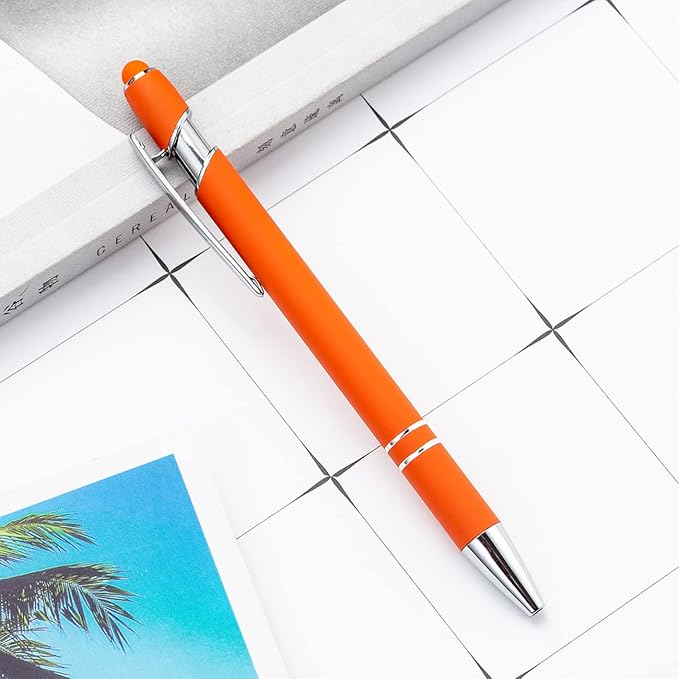 Pasisibick 12-Pack Orange Ballpoint Pens with Stylus Tip - 2 in 1 Metal Stylus, 1.0 mm Medium Point, Smooth Pen for Touch Screen Tablet