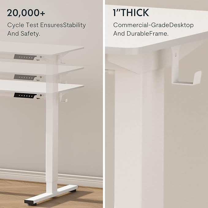 FLEXISPOT EN1 One-Piece Standing Desk 48 x 30 Inch Desktop Adjustable Height Electric Desk for Home Office and Computer Workstation (White Frame + White Top, 2 Packages)