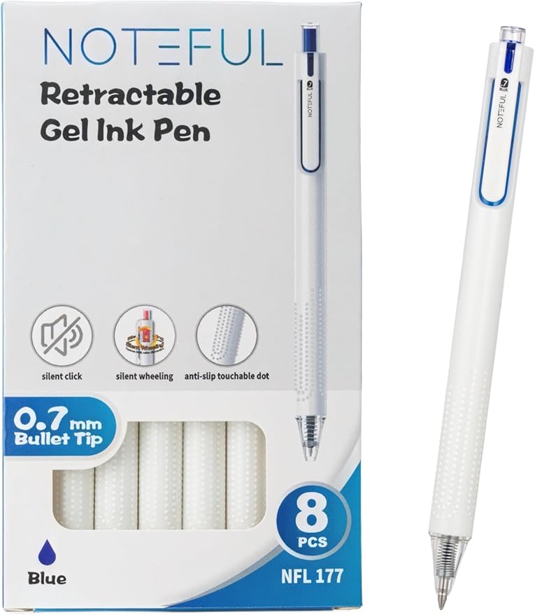 Silent Click Gel Pens For Journaling, Smooth Writing Pen, Blue Gel Ink Medium Point Pens (0.7 mm), Pack of 8