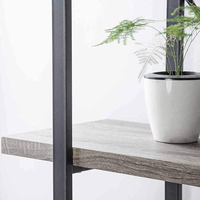 HSH 5-Shelf Vintage Industrial Rustic Bookshelf, 5 Tier Wood and Metal Bookcase, Open Etagere Book Shelf, Farmhouse Wooden Bookshelves, Light Grey Oak