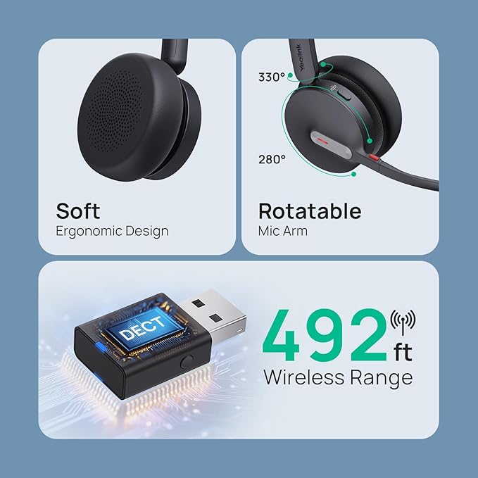 Yealink WH64 Hybrid Mono Wireless Headset with DECT Dongle, 492ft Range,Teams Zoom,Skype, UC Bluetooth Single On Ear Headphones with 3X Noise Cancelling Mic, 26H Talk Time, Office PC, Computer, Phone
