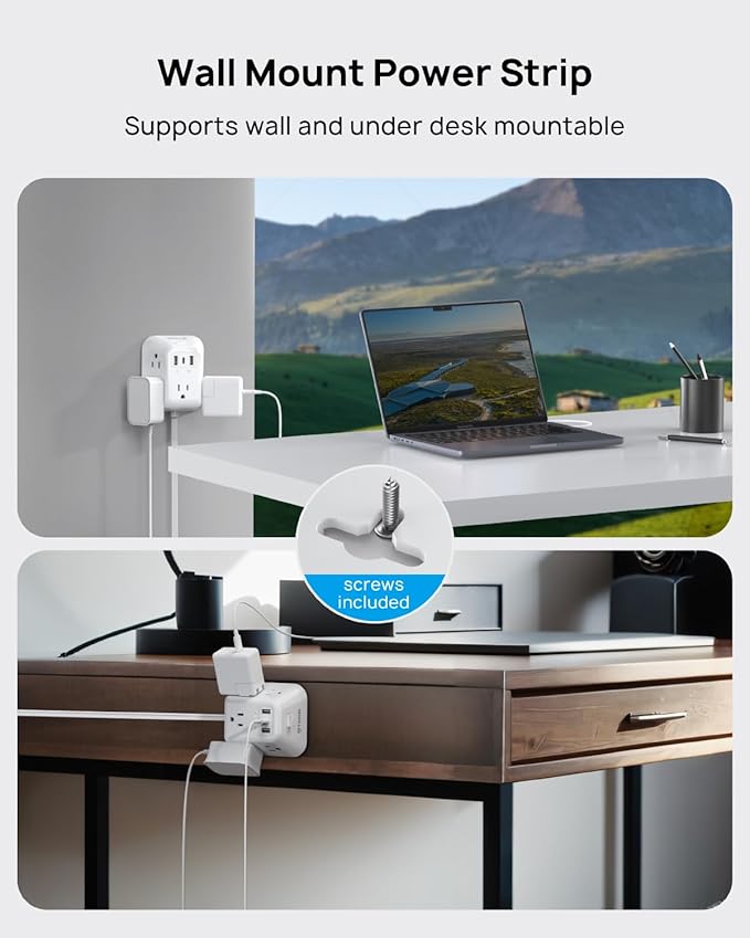 TROND 15ft Long Extension Cord, Ultra Thin Flat Plug Power Strip, 5 Widely-Spaced AC Outlets and 3 USB Ports, 1440J Surge Protector, 3-Sided Wall Mount for Home Office Dorm Room, White