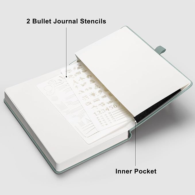 RETTACY Bullet Dotted Journal Notebook, 192 Pages, A5 Medium Size (5.7'' x 8.3''), Leather Hardcover, 100 GSM Thick Paper, for Bullet Journaling, Planning, Tracking (Blue-gray)