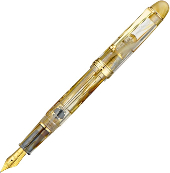 Asvine V126 Vacuum Filling Fountain Pen Fine Point, Brown Swirl Transparent Acrylic Pen Gift Case