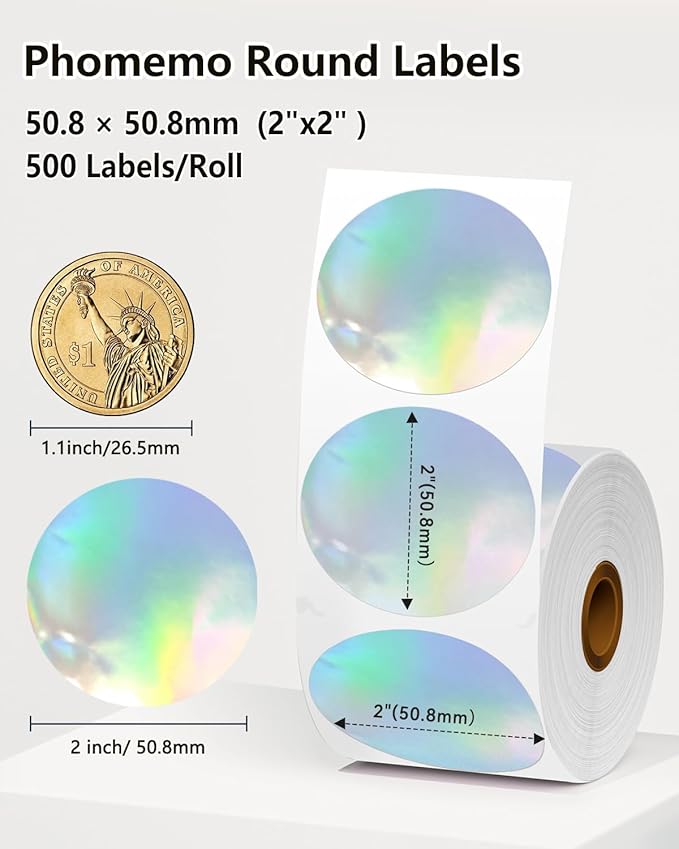 Phomemo 2” Circle Thermal Label, Self-Adhesive Round Direct Sticker Labels, Circular Thermal Printer Label for Logo Design, Name Tag, Thanks Card, Address, QR Code, 400 Labels/Roll, Laser Color