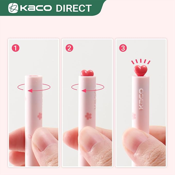Kaco FIRST Gel Pens Cute Stationery, Pack of 2 Pieces Heart Pen Set with Extra 4 Black Refills (2 Pink)