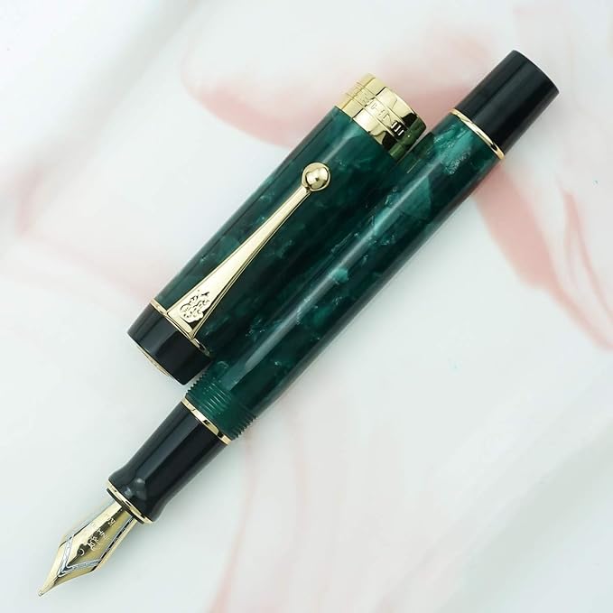Jinhao 100 Fountain Pen Celluloid Classic Style, #6 Nib Smooth Writing Instrument with Refillable Converter and Pen Case Set