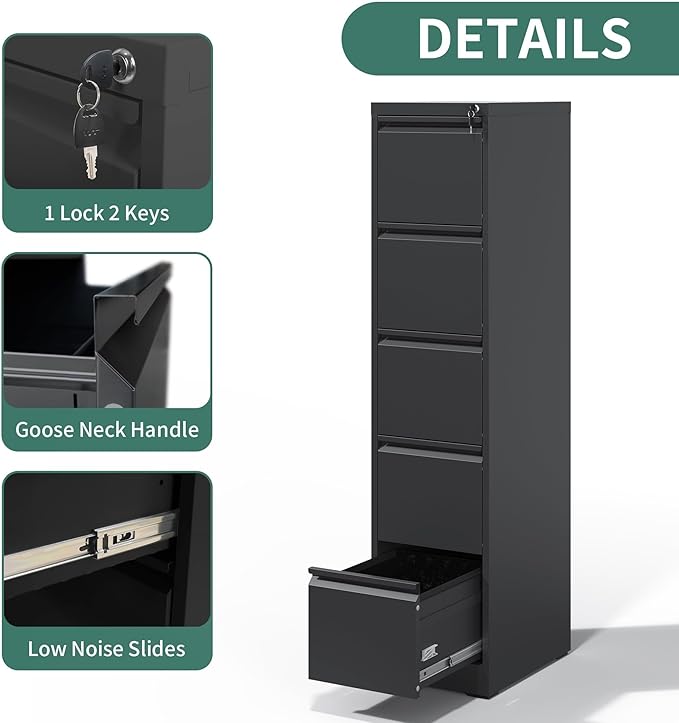 5 Drawer File Cabinet with Lock,Metal Vertical Filing Cabinets for Home Office,Heavy Duty File Storage Cabinet for Letter/Legal/A4/F4 Size File,Assembly Require (Black, Vertical 5 Drawer)