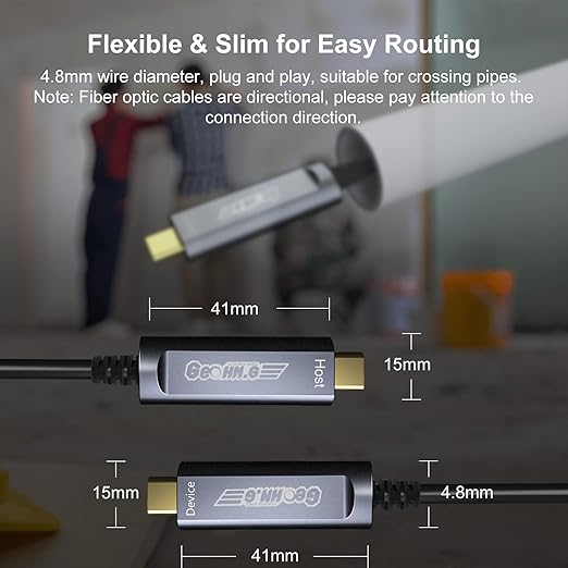 USB C to C Fiber Optic Extension Cable 20M/65FT, USB 3.2 10Gbps Long Distance Active Optical USB C GEN2 Cable for VR/AR, Quest2, Webcam, Camera, Mini PC and More - Grey