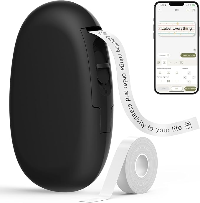 SUPVAN E10 Bluetooth Label Maker Machine with Tape, Continuous Waterproof Label, Versatile App with 35 Fonts and 1k+ Icons, Inkless Labeler for Home, Kitchen, School, Office Organization, Black