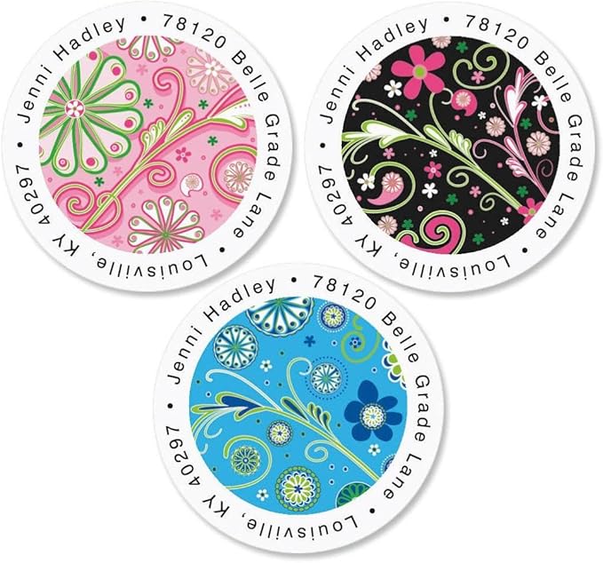 Colorful Images Fun Patterns Floral Return Address Mailing Labels, Personalize with Name & Address, Set of 144 Self Adhesive, Easy Peel Flat Label Sheets, Round, 3 Designs
