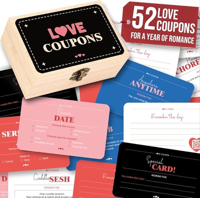 52 Love Coupons for Him - Couples Coupon Book for Boyfriend Husband, Blank Coupon Cards Valentine’s Day Gifts for Girlfriend, Romantic Love Vouchers Cards Box Anniversary Keepsake Gift