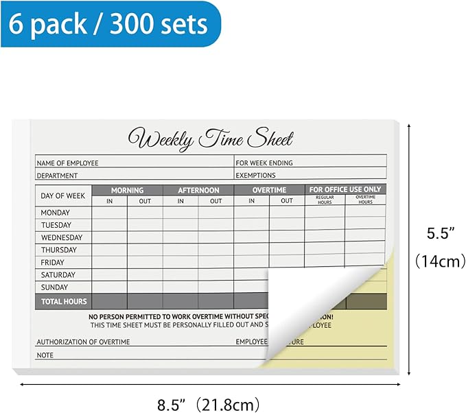 300 Sets Employee Weekly Time Sheets Weekly Format, 2 Part Carbonless, 5.5 x 8.5 Inch Daily Time Sheet Log Book (6 Pack)