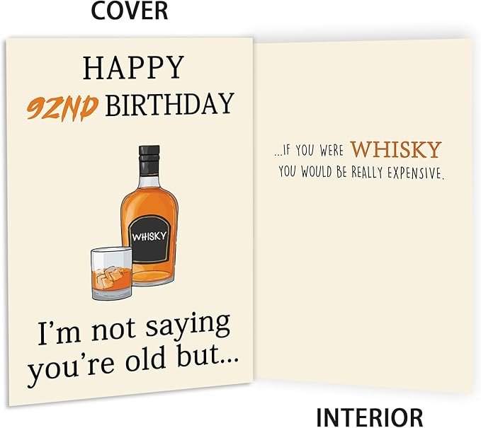 Funny Whiskey 92nd Birthday Card, 92nd Birthday Gifts for Men Women, Unique 92nd Birthday Decorations for Husband Wife, Best 92 Year Old Birthday Card Gifts for Grandpa Grandma
