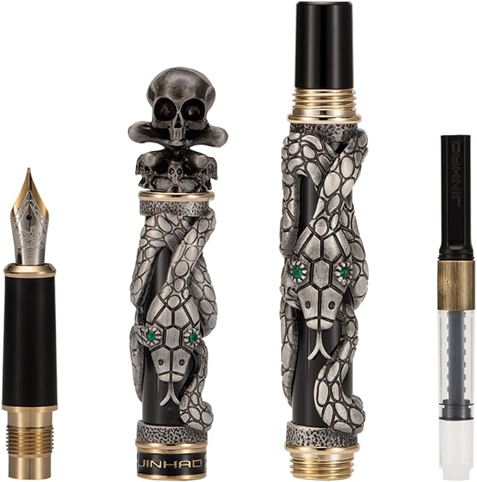 Jinhao Black Snake Fountain Pen Extra Fine Nib Retro Style with Skull Head Solid Metal and Paper Pen Case Set