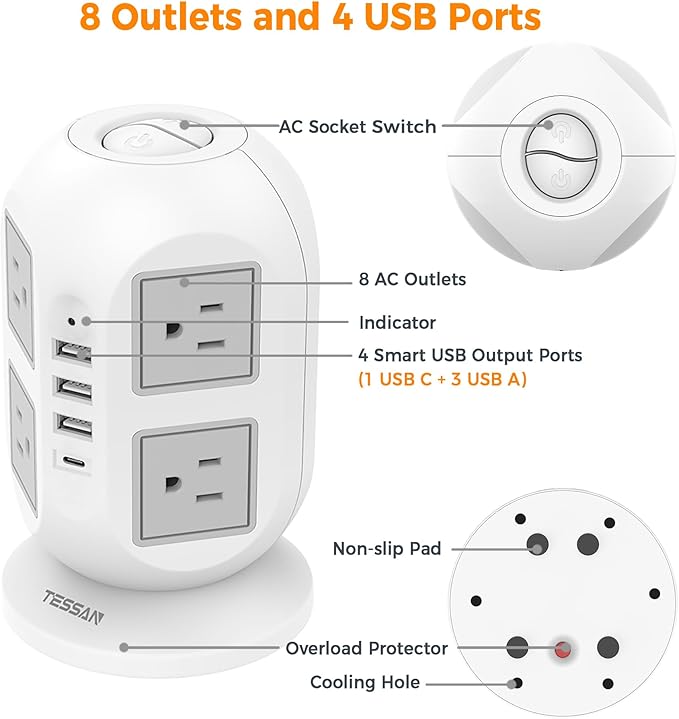 Tower Surge Protector Power Strip 10 ft, TESSAN Long Flat Extension Cord with Multiple Outlets, 8 AC Outlets with 4 USB Ports (1 USB C), Charging Station with Surge Protection, for Home Office Dorm