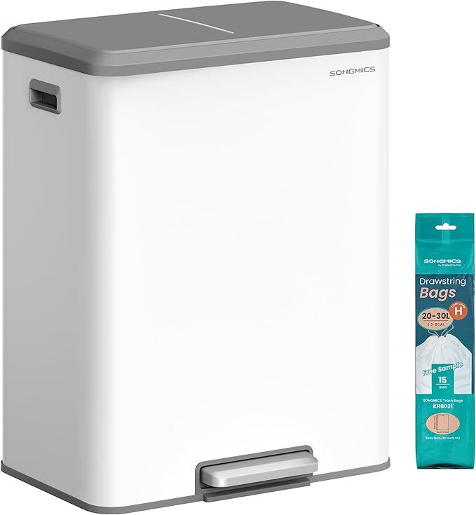 SONGMICS Trash Can, 2 x 8 Gallon (2 x 30 L) Double Garabge Can for Recycling and Waste, Stainless Steel, Soft-Close Lid, Inner Buckets, Wide Sturdy Pedal, Cloud White ULTB556W01