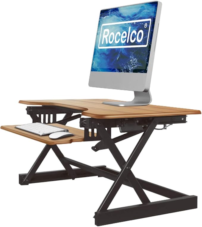 Rocelco 32" Height Adjustable Standing Desk Converter - Sit Stand Computer Workstation Riser - Dual Monitor Retractable Keyboard Tray Gas Spring Assist - Teak Wood Grain (R EADRT)