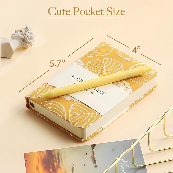 A6 Notebook, Pocket Journal, Embroidered Journal for Girl, Small Fabric Notebook, Lay Flat Hardcover Journal, 4x6 Lined Notebook & Sketchbook, Cute Diary, Writing Journal for Women, Yellow