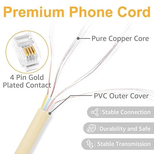 Uvital 16FT Telephone Cords for Landline Phones(Coiled Length: 2FT), 1 Pack RJ9 Cream Phone Line Cord, Telephone Handset Cord, 4P4C Plug Phone Cord for Landline