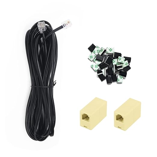 OLIREXD 25FT RJ11 Landline Extension Phone Cord with 30 Adhesive Cable Clips and 2 6P4C Straight Inline Coupler for Home or Office Landline System