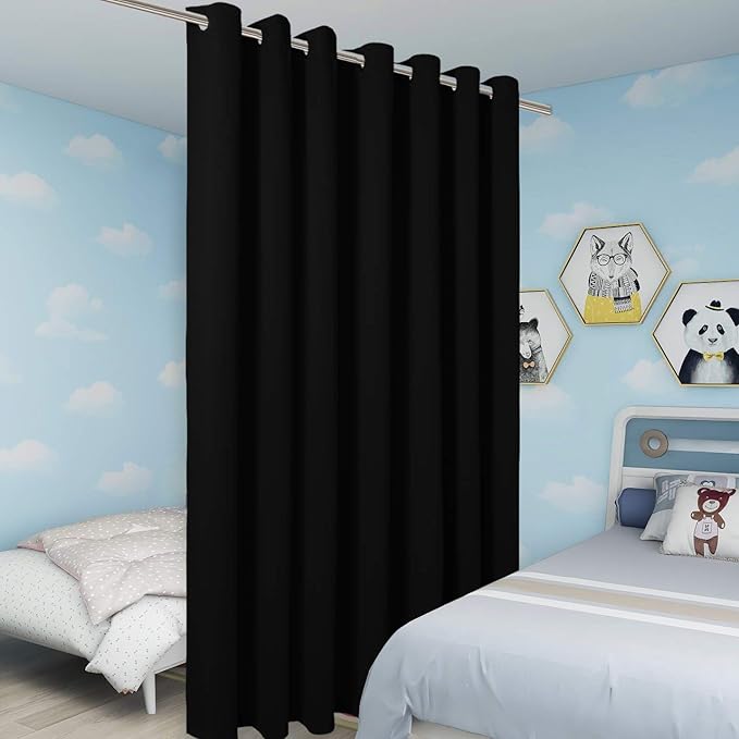 BONZER Extra Wide Room Divider Curtain Total Privacy Wall Noise Reducing Blackout Curtains for Patio Sliding Glass Door, 108L x 120W Inch (9L x 10W ft), 1 Panel, Black
