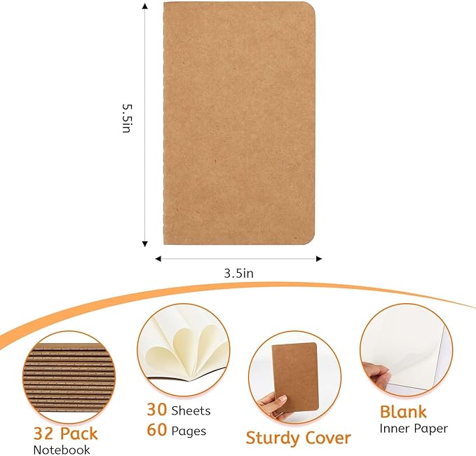 32PCS Mini Notebooks Bulk, 3.5" x 5.5", Brown, 60 Pages Blank Paper Small Pocket Notebook Set, Mini Journal Memo Notepads for Kids, Students, Traveler, School Office Supplies