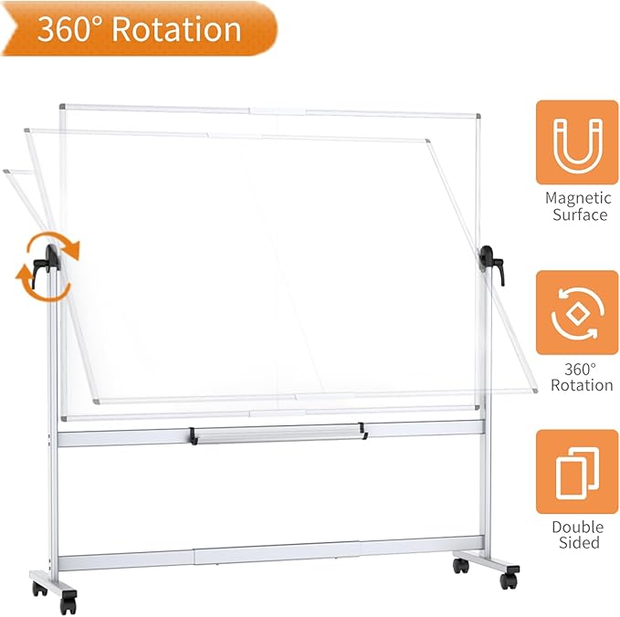VIZ-PRO Double-Sided Mobile Whiteboard, 60 x 48 Inches, Magnetic Rolling Dry Erase White Board on Wheels with Aluminium Frame and Stand