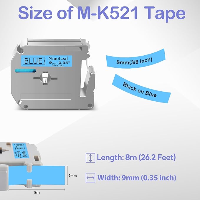 NineLeaf 4 Pack Compatible for ptouch M Label Tape MK521 M-K521 M521 Black on Blue 3/8" (9mm) x 26.2ft (8m) Labeling Refill Cartridge Work in PT-45M PT-65 PT-70 PT-80 PT-M95 Label Maker