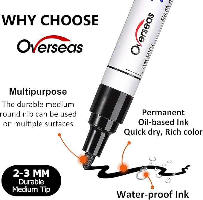 Overseas Permanent Paint Pens Paint Markers - 2 Pack White and Black Oil Based Markers, Quick Drying and Waterproof Marker Pen for Metal, Rock Painting, Wood, Rubber, Plastic, Canvas, Mug. Medium Tip